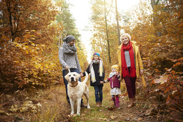 Parents and kids walking dog in forest - obrazy, fototapety, plakaty
