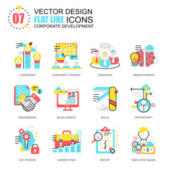 Flat line corporate development icons concepts set for website and mobile site and apps. Leadership skills, team training, business career. New style flat simple pictogram pack. Vector illustration.