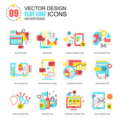 Flat line promo and advertising icons concepts set for website and mobile site and apps. Marketing media, product promotion ads. New style flat simple pictogram pack. Vector illustration.