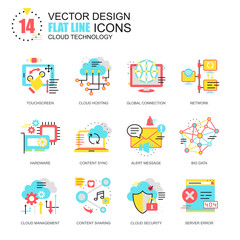 Flat line cloud technology icons concepts set for website and mobile site and apps. Computing network, cloud platform services. New style flat simple pictogram pack. Vector illustration.