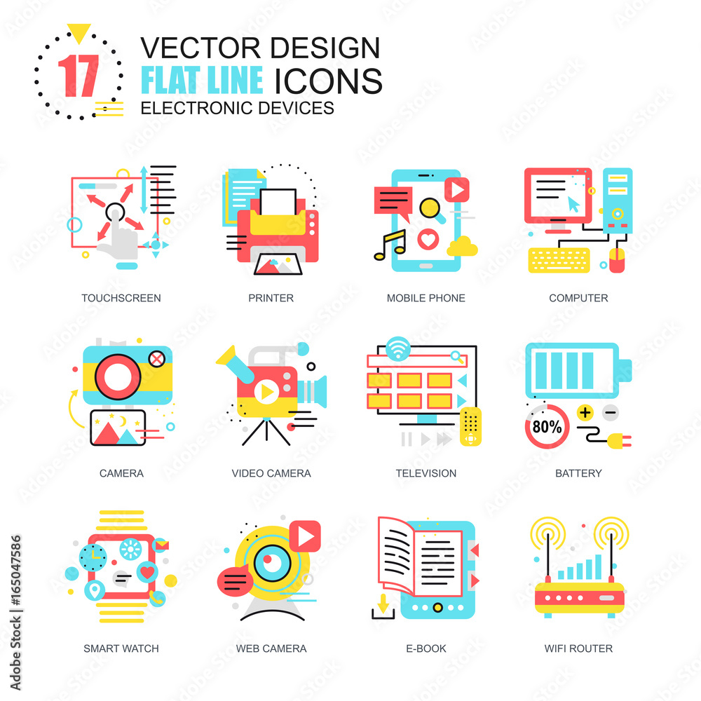 Poster flat line personal computer devices icons concepts set for website and mobile site and apps. consume