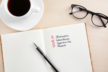 Notebook with written text and cup of coffee on table. Management concept © Africa Studio