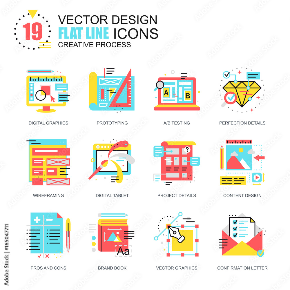Poster flat line creative process icons concepts set for website and mobile site and apps. digital graphics