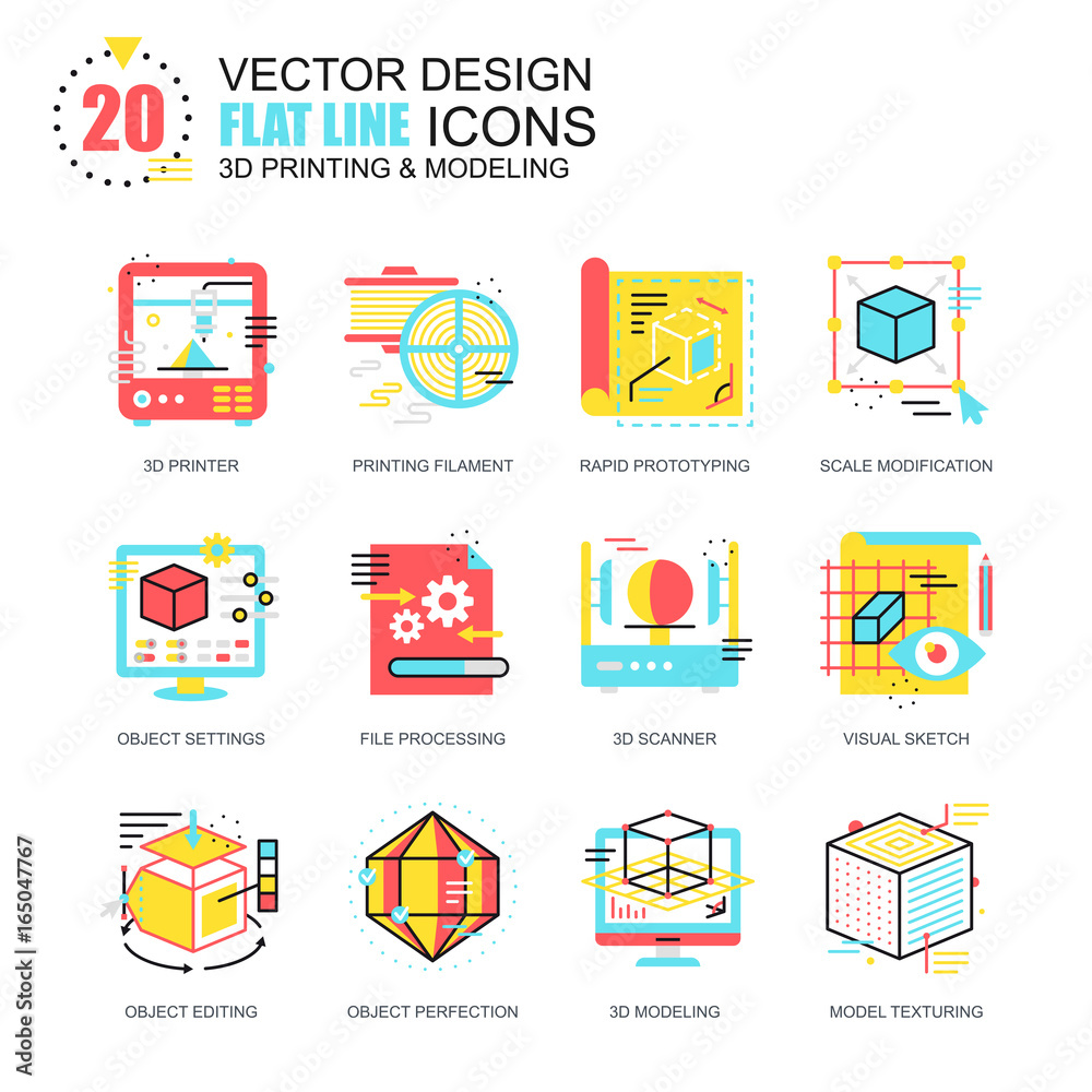 Poster flat line 3d printing and modeling icons concepts set for website and mobile site and apps. volumetr