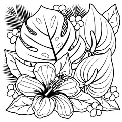 Tropical plants and hibiscus flowers. Vector black and white coloring page.