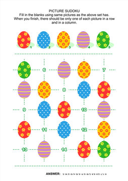 Easter themed picture sudoku puzzle 5x5 (one block) with colorful painted eggs. Answer included.
