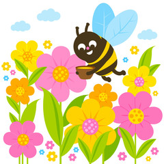Cute bee flying around flowers. Vector illustration