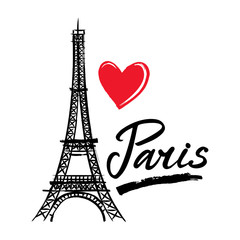 Fototapety  Symbol Francja-wieża Eiffla, serce i słowo Paryż. Stolica Francji Paryż. Szkic ilustracji wektorowych.