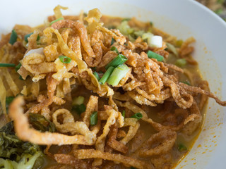 Khao Soi, Curried Noodle Soup with Chicken, Northern Thai Style.