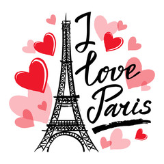 Fototapeta na wymiar Symbol France-Eiffel tower, hearts and phrase I love Paris. French capital Paris. Vector sketch illustration.
