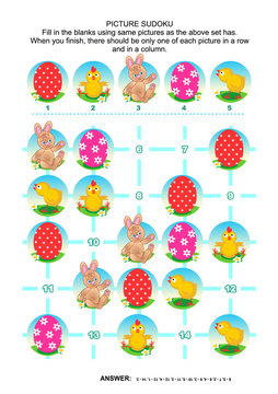 Easter holiday themed picture sudoku puzzle 5x5 (one block). Answer included.
