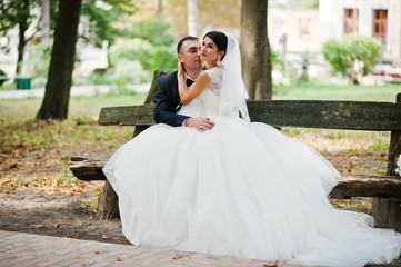 Fantastic wedding couple sitting on the bench in the park on their wedding day.