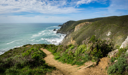 Fototapeta na wymiar Panorama of coastline from trail, Pirates Cove Trail, Marin Headlands, Golden Gate National Recreation Area, California, United States