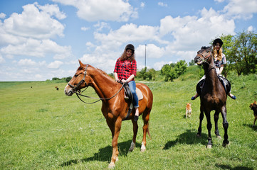 Tow young pretty girls riding a horses on a field at sunny day