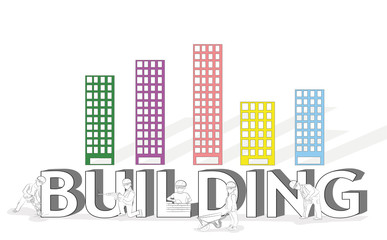 Sketch of working small people with a big word "building". Hand-drawn cartoon vector illustration of building design and infographics.