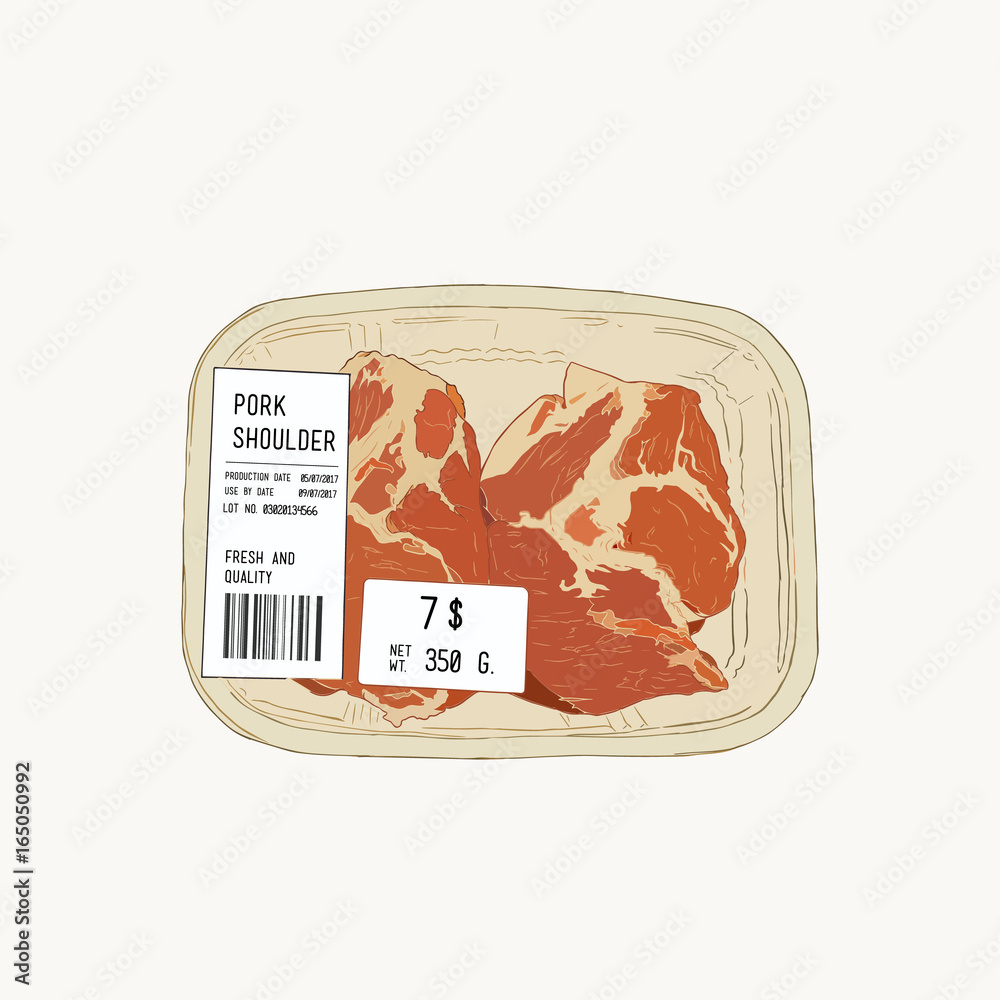 Wall mural raw pork shoulder in pack, sketch vector.