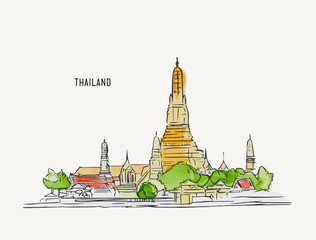 Thai culture concept with han draw sketch temple landscape , sketch line art water color vector.