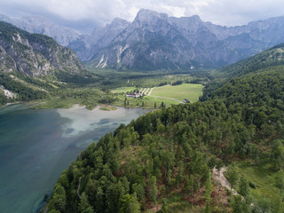 Fototapeta na wymiar luftaufnahme, Almsee, bei Grünau im Almtal - Salzkammergut