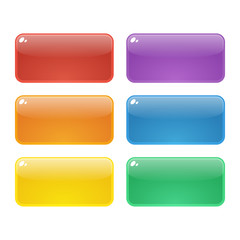 Set of six colorful rounded rectangle glossy buttons. Vector assets for web or game design, app icons vector template isolated on white background.