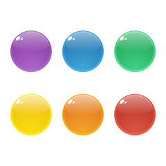 Set of six colorful round, circle glossy buttons. Vector assets for web or game design, app icons vector template isolated on white background.