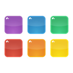 Set of six colorful rounded square glossy buttons. Vector assets for web or game design, app icons vector template isolated on white background.