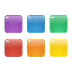 Set of six colorful rounded square glossy buttons. Vector assets for web or game design, app icons vector template isolated on white background.