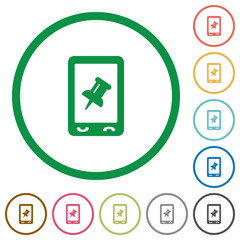 Mobile pin data flat icons with outlines
