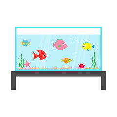 Fish set swimming at aquarium. Star, crab, seaweed, stones, bubbles, water waves. Fish tank on the table. Shining glass. Baby kids collection. Cute cartoon character Flat design