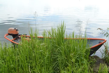 Fototapeten klein motorbootje in het riet in een meer in Friesland © henkbouwers
