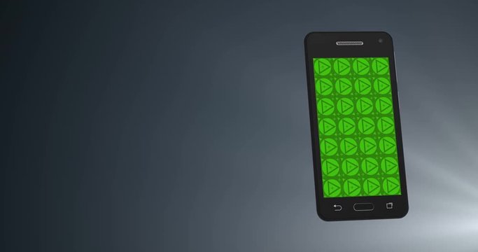 Mobile application demo on smartphone. Green screen with motion tracking anchor markers. Luma mattes for screen and whole smartphone included. Dark background with rays. 3D rendered