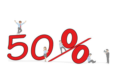 Sketch of working little people with big percent sign. Doodle cute miniature scene of workers and financial symbol. Hand drawn cartoon vector illustration for business design. 