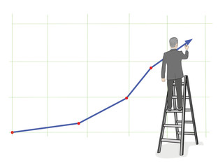 Businessman draws a growth chart standing on the stairs. vector illustration.