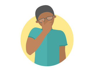 Sad, crying, depressed black boy in glasses. Flat design icon. Handsome man in grief, sorrow, trouble. Simply editable isolated on white vector sign