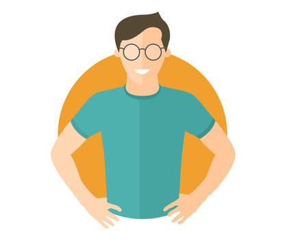 Confident handsome man in glasses. Flat design icon. Boy with arms akimbo. Simply editable isolated vector illustration