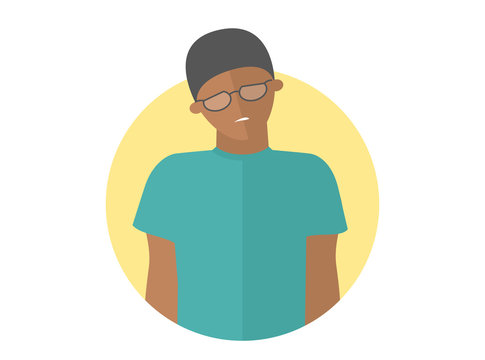 Weak, sad, depressed black boy in glasses. Flat design icon. Handsome man with feeble depression emotion. Simply editable isolated on white vector sign
