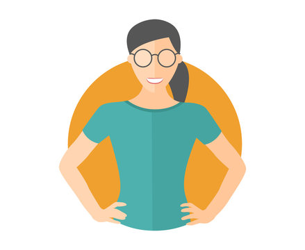 Confident pretty girl in glasses. Flat design icon. Woman with arms akimbo. Simply editable isolated vector illustration