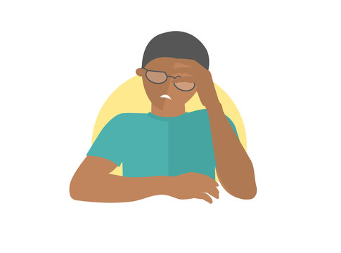 Handsome black man in glasses depressed, sad, weak. Flat design icon. Boy with feeble depression emotion. Simply editable isolated on white vector sign
