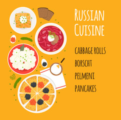 Vector set of dishes of Russian cuisine
