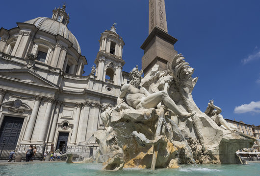 Famous Piazza Navona Square Fountain of the Four Rivers with an