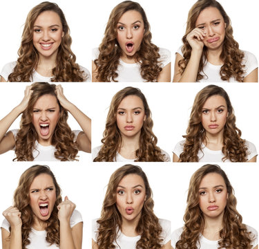 collage with different emotions in one young woman