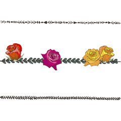 Doodle floral line with colorful roses. Flower design elements, floral border. Vector illustration.