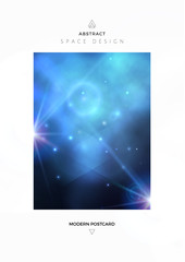 Vector space postcard design with bright blue nebula and white stars.