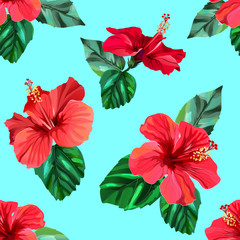 Red hibiscus tropical flowers seamless pattern