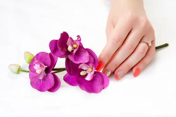 female hands with orchid petals and nail art