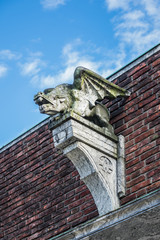 Architectural fragments of the northern part of red brick City Hall (Radhuset) of Oslo, Norway. City Hall designed by Arnstein Arneberg and Magnus Poulsson.