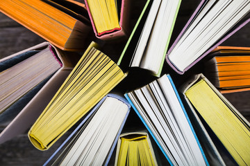 Multicolored books, top view