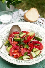 A refreshing classic summer salad often found at cookouts and picnics is made with tomatoes, cucumber, onion and basil. Selective focus was used on this image.