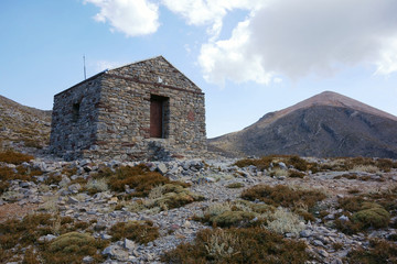 Kallergis Mountain Shelter on the E4 European long distance hiking path, Lefka Ori Mountain Range, Crete, Greece
