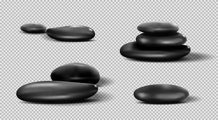 Collection of black SPA stones. Vector pebble set on transparent background