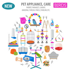Fototapeta premium Pet appliance icon set flat style isolated on white. Birds care collection. Create own infographic about parrot, parakeet, canary, thrush, finch, jay bird, starling, amadina, siskin, toucan, bunting
